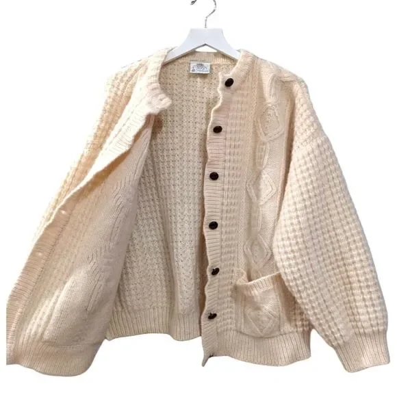 BONNER OF IRELAND Waffle Knit 100% Pure Wool Cream Button Sweater Cardigan Sz XL - Picture 3 of 8
